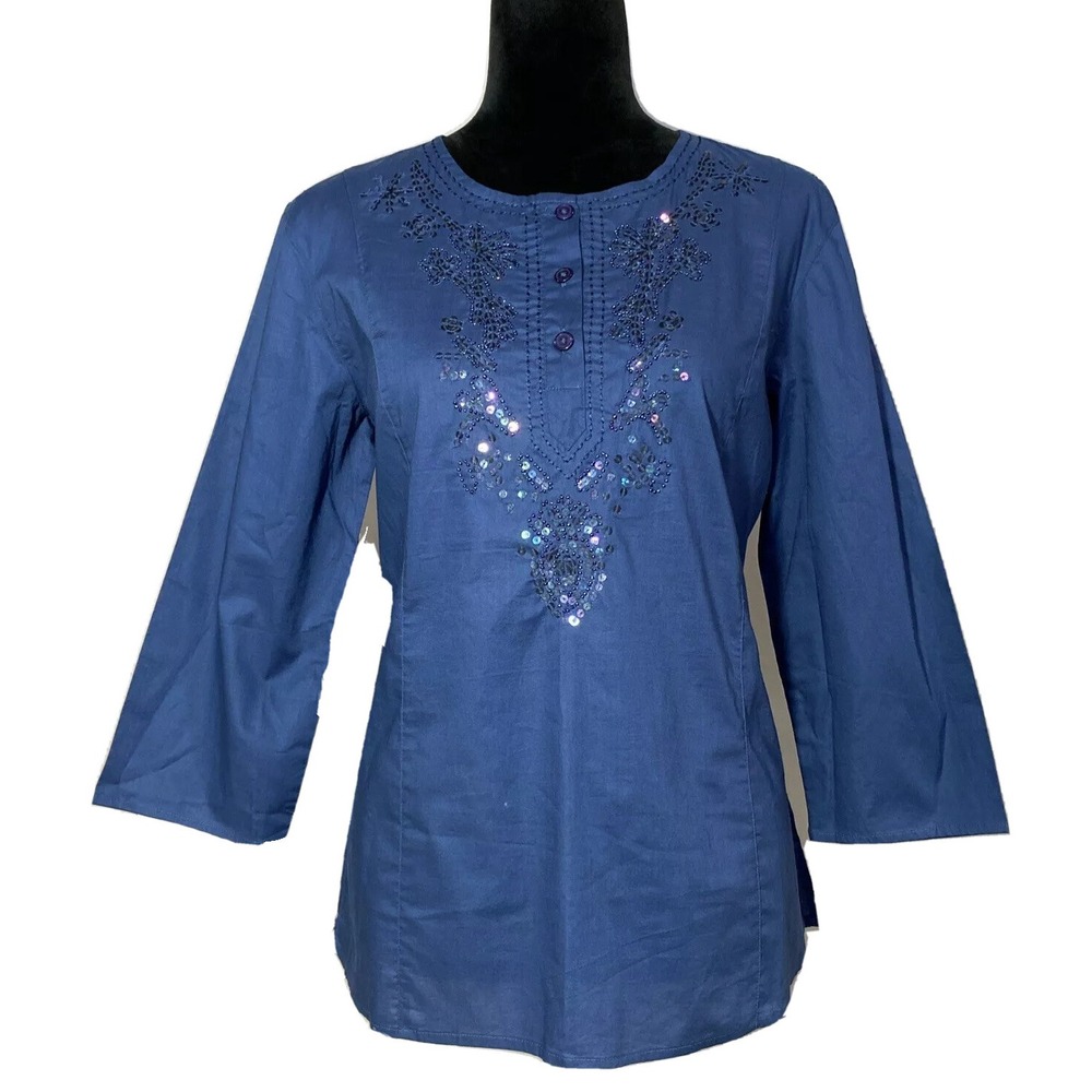 NWT Van Heusen Top MED Dark Blue Cadet Bead Sequin Button Embellish 3/4 Sl Tunic